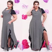 Big size 6XL 2016 Fat MM Woman dress Summer casual black and white stripe split dresses plus size women clothing 6xl dress
