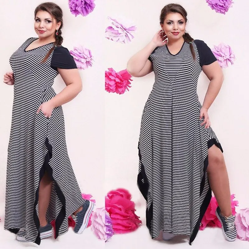 Koop Big size 6XL 2018 Vet MM Vrouw jurk Zomer toevallige zwarte en witte streep split jurken plus size vrouwen kleding 6xl jurk