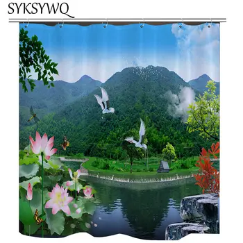 

New Landschap Douchegordijn 3D Natuur Shower Curtain Forest Green Mountain Park Bathroom Curtain Pink Lotus landscape Curtains