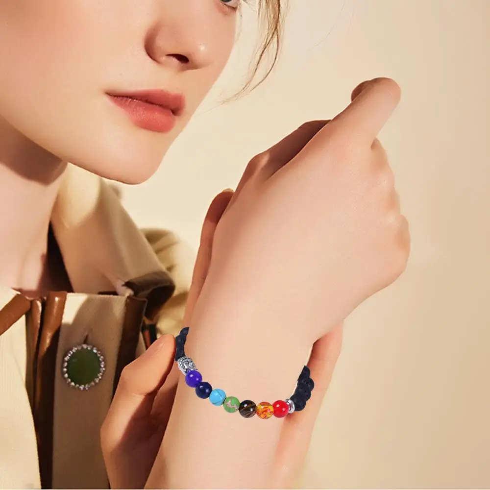 

HIYONG Fashion Bracelet 7 Chakra Homme Bracelet Men Buddha Lava Buddha head Bracelet Stone Luxury Women Colorful 7.5 inch