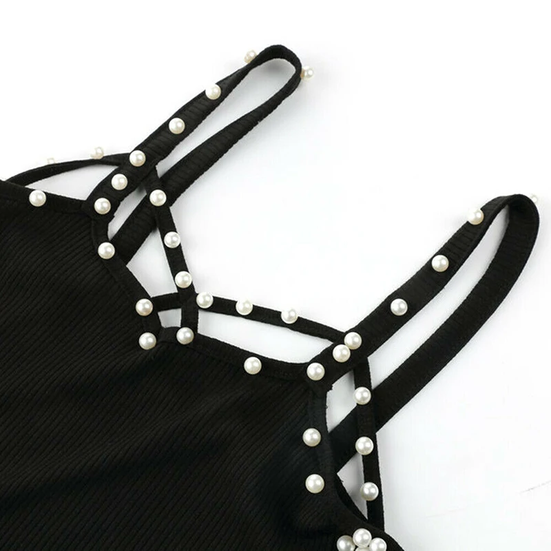 Women Elegant Pearls Beading Shirt Women Strappy Vest Tops 2019 Ladies Summer Casual Tops Blusas Woman Backless Sexy Black Shirt