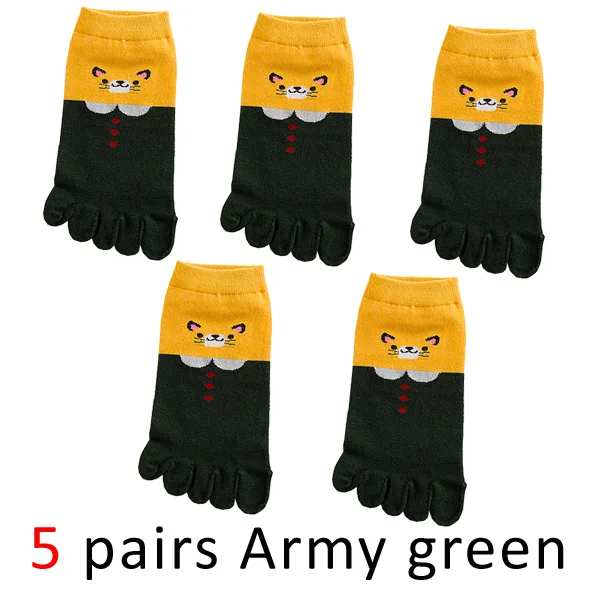 VERIDICAL/носки с пятью пальцами для женщин и девочек; хлопковые носки с милым котом в стиле хип-хоп; носки до щиколотки в японском стиле harajuku; 5 пар/лот - Цвет: Армейский зеленый