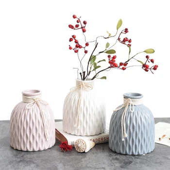 

Nordic Ceramic Vase Creative Folds with Hemp Rope Hydroponic Plant Vase Dried Flowers Inserted Desktop Ornaments Home Decoration