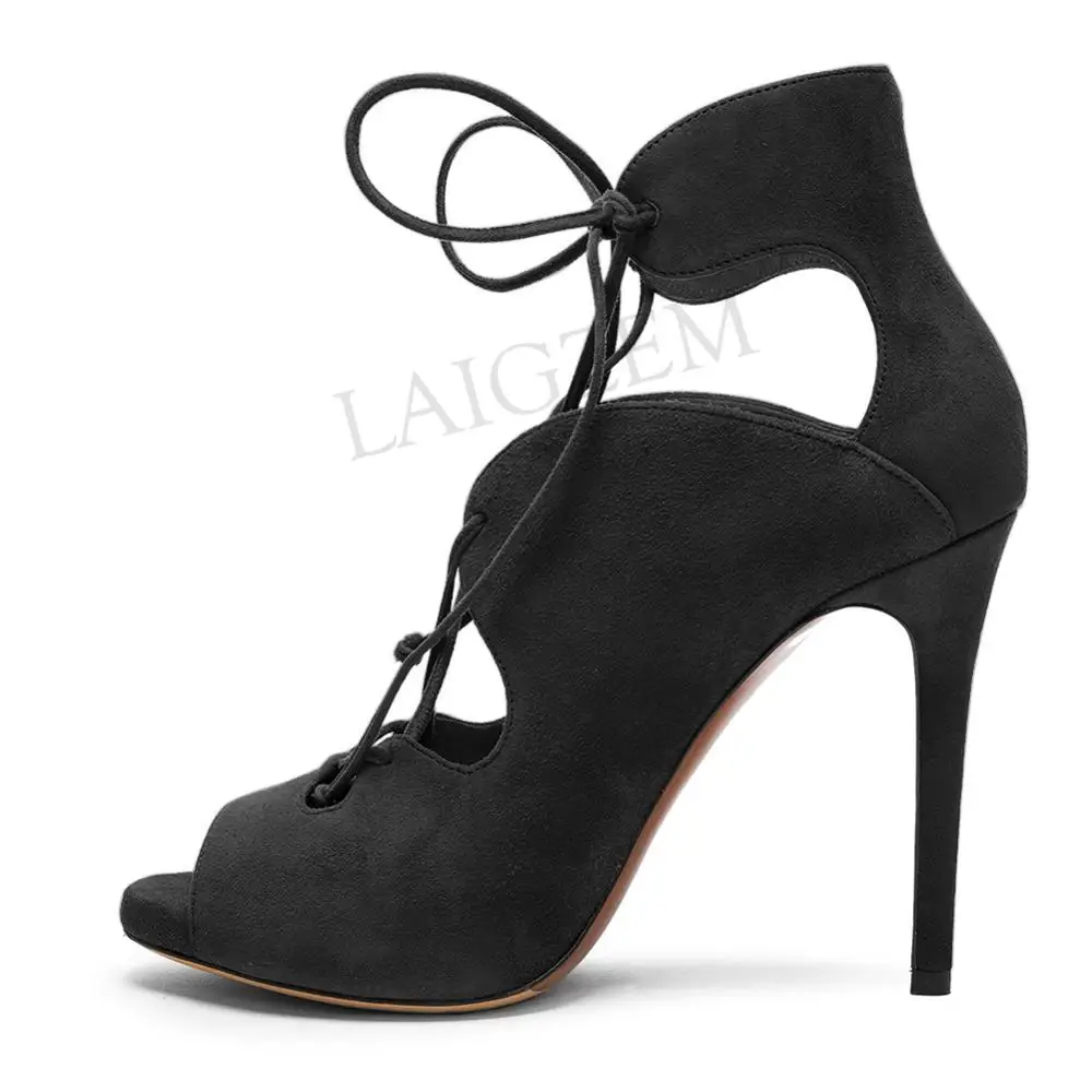 LAIGZEM Women Sandals Open Toe Faux Suede Stiletto Heels Sandals Pumps Sandalia Shoes Woman Sandalias Verano Large Size 34-52 (2)