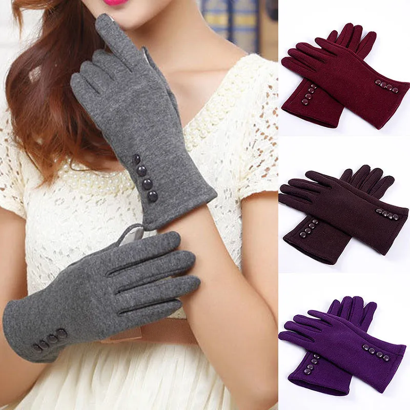 

Fashion 1 Pair Women Newly Outdoor Button Design Phone Touch Screen Winter Gloves Warm Soft