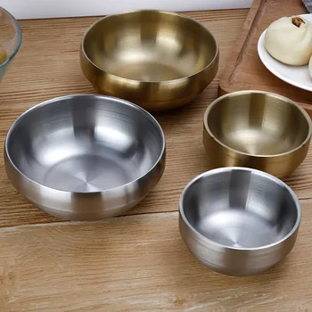 

Rice Bowl Children Ware Soup Bowl Round Dish Food Container Stainless Steel Gold Korean Home Tableware Heat-resistant Tray 1pcs