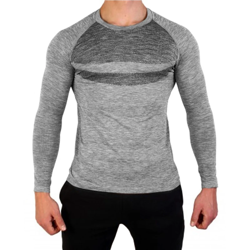

T shirt Men CONTRAST-COLLAR T-shirt Compression Fitness Camisetas Fall New Dark grey lightgrey Splicing TShirt Long Sleeve Tops