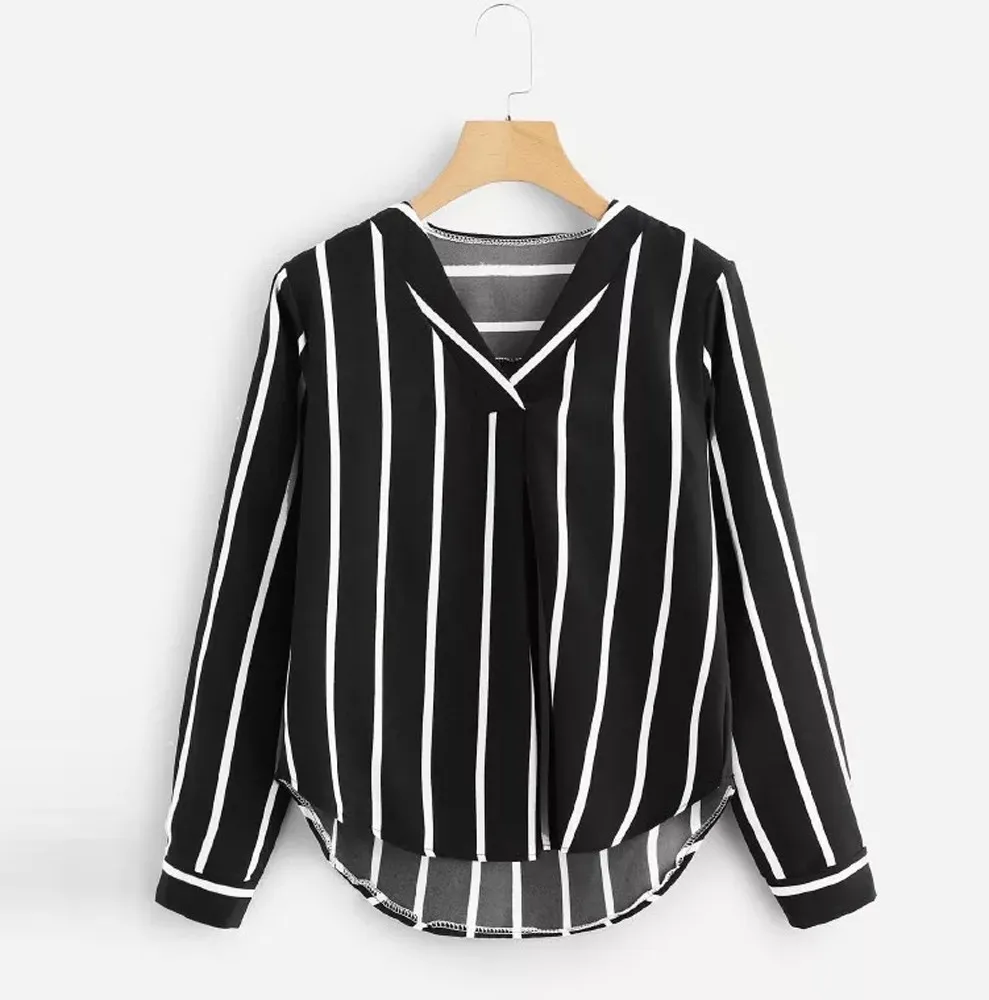 Womens Tops And Blouses Autumn Vintage Long Sleeve Shirt V Neck Irregular Stripe Shirt Blouse Ladies Tops Blusa f763