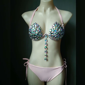 

2019 Women Sexy Summer green blue silver pink gold silver-white light-pink Two 2 PIeces Beads Bodysuit Swimwear Spaghetti Strap