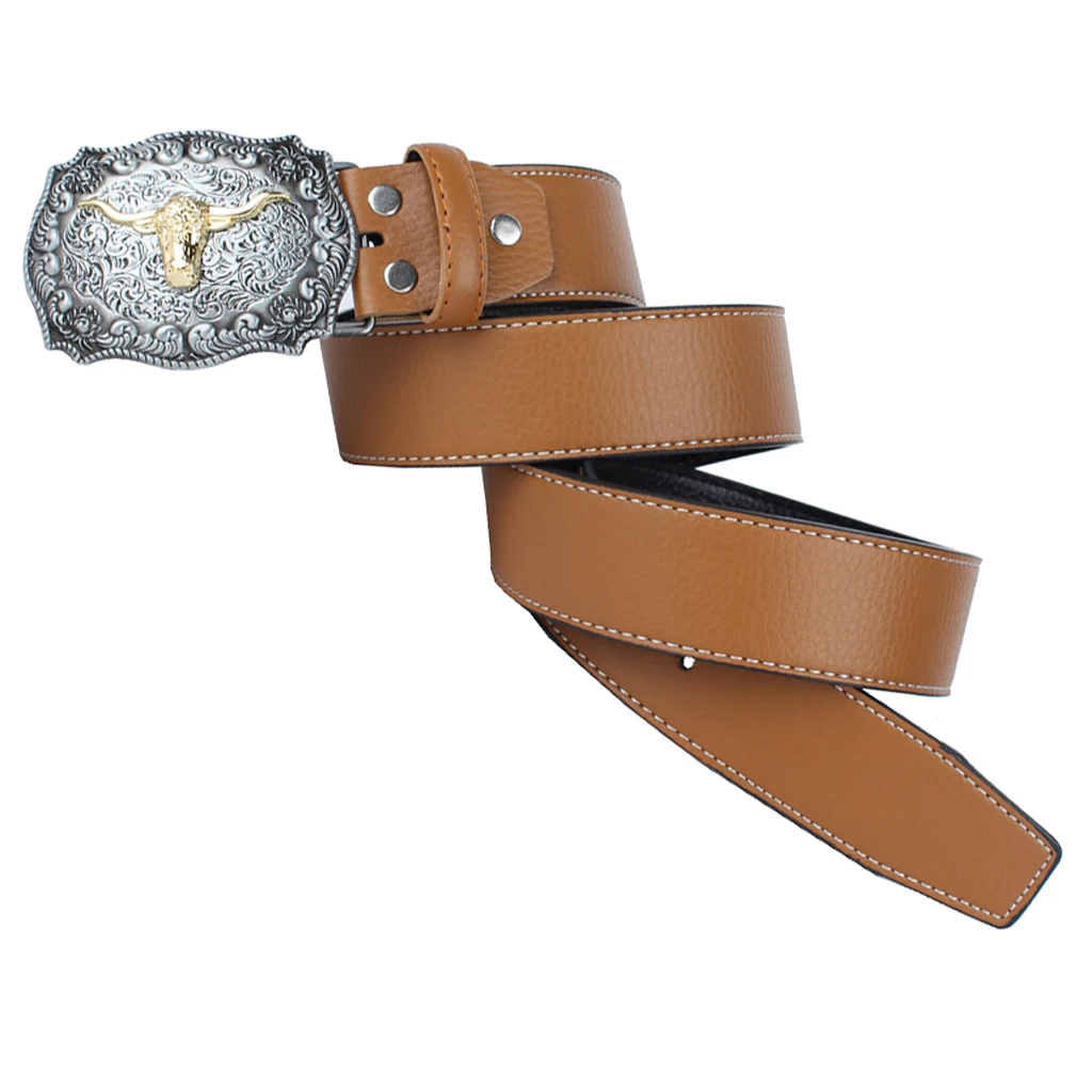 Womens Mens Vintage Western Cowboy Leather Belt Waistband Arabesque Cow Head Buckle Adjustable Leather Belt 