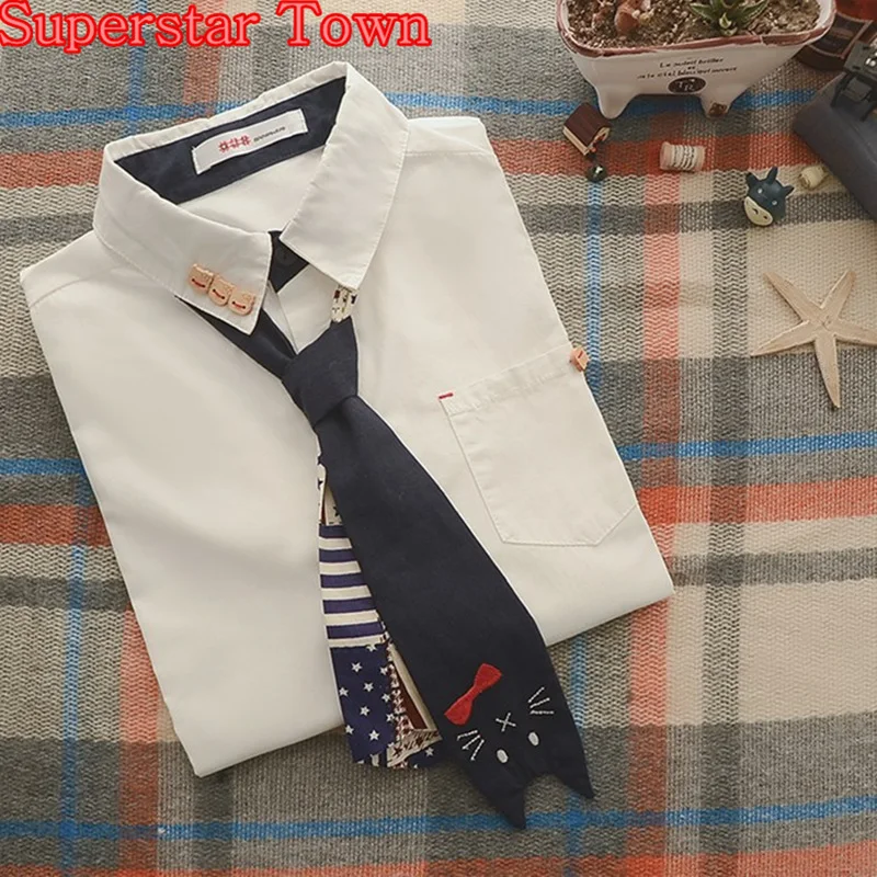 

Women Blouse White Casual Cat Tie Long Sleeve Female Blouse Cute School Shirt Top Sweet Lolita Style School Clothes Harajuku