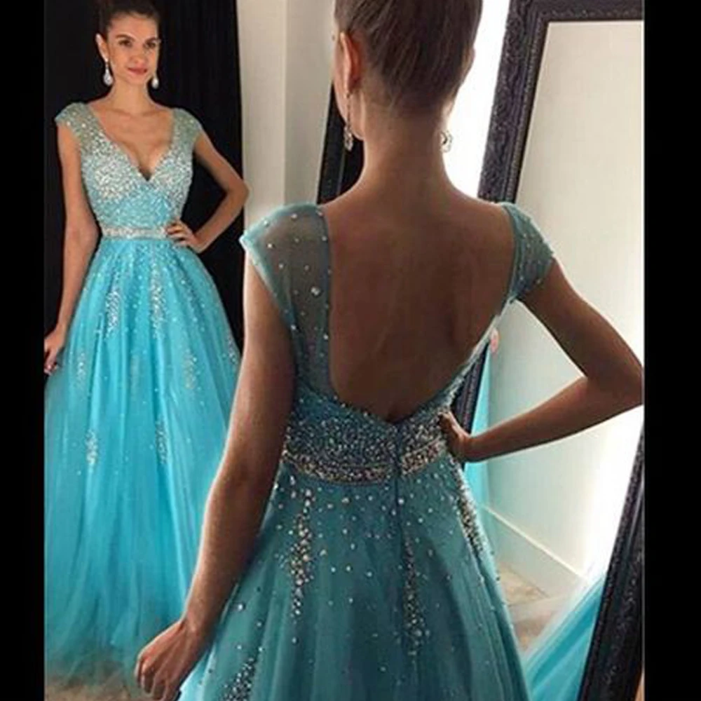 Robe de Soiree 2019 Evening Dresses V Neck Beaded Sequins Crystal Backless Blue Prom | Свадьбы и торжества