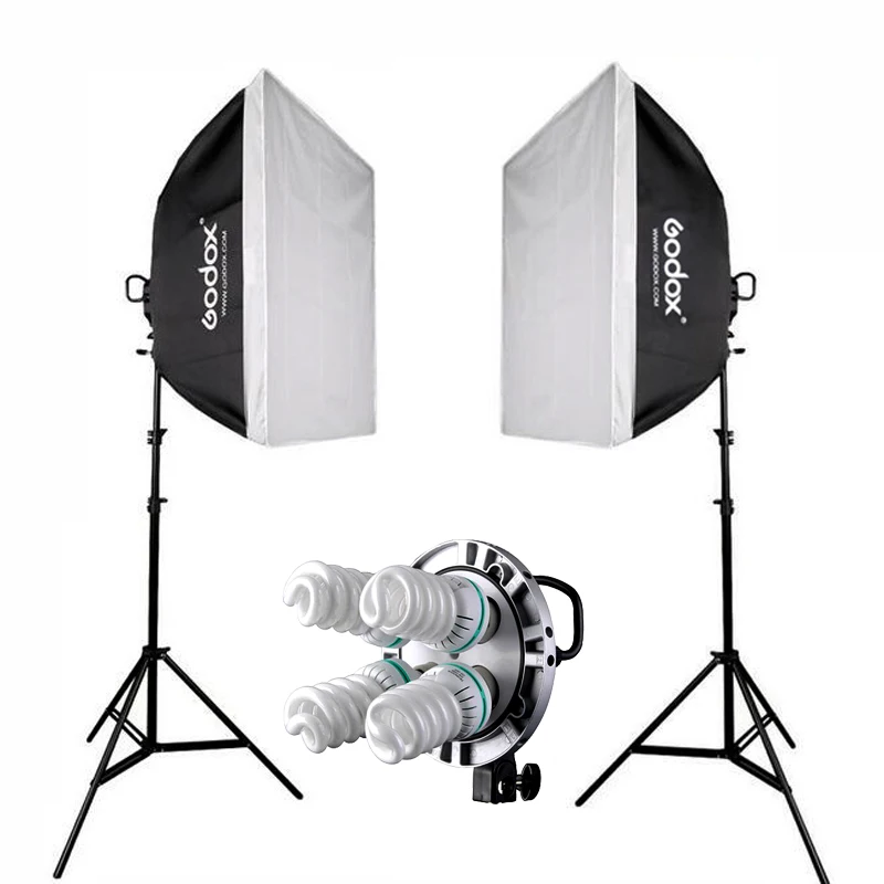

2x Godox TL-4 E27 4 Socket Light Holder Head + 8pcs 150W 5500K Bulb + 60x90cm Softbox 2m Stand 33" Umbrella Studio Lighting Kit