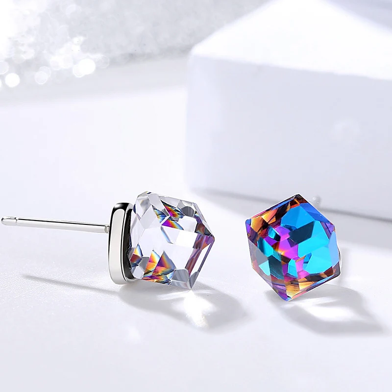

925 Sterling Silver Square multicolor Zircon Earrings Creative Earring Studs Women Jewelry