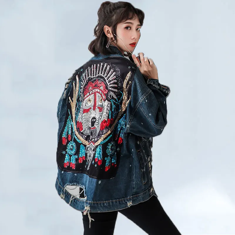

Autumn Graffiti Denim Jacket Women Streetwear 2019 Loose Vintage Single Breasted Casual casacos feminino Sequin Jean Jacket 433