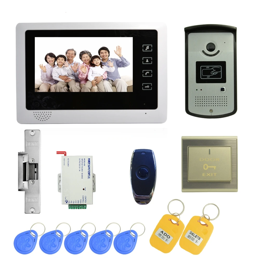 

(1 set) Video Door Phone Door Bell Intercom Color Monitor Access Control Exit button Remote Unlock RFID key for Free shipping