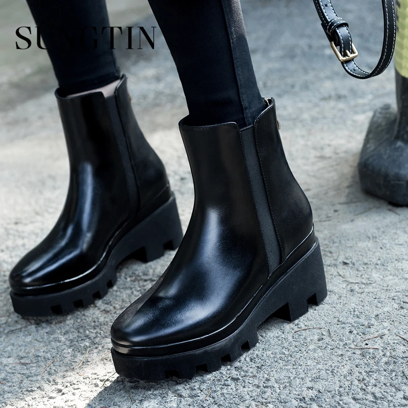 

Sungtin Genuine Leather Round Toe Platform Women Ankle Boots Womens Autumn Black Flat Short Boots Ladies Casual Handmade Booties