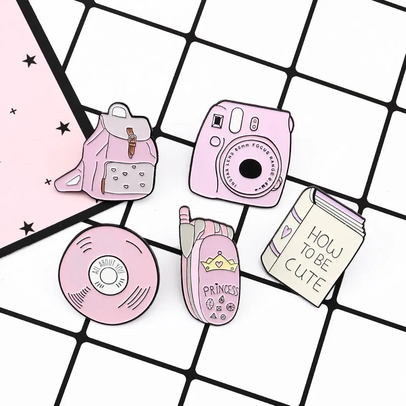 

Pink Pins Backpack Book Camera Mobile Phone CD Enamel Pin Custom Badges Pink Girl Brooch Lapel Pins Denim Shirt Collar Jewelry