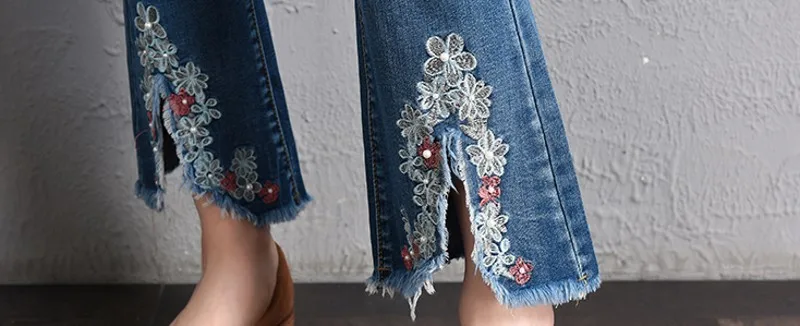 Pantalon Femme, весна, новые модные женские джинсы с вышивкой, облегающие джинсы длиной до щиколотки, женские штаны, синие женские брюки