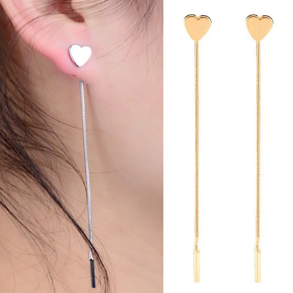 1 Pair Love Heart Long Earrings Tassel Chain Earrings Metal Goldcolor