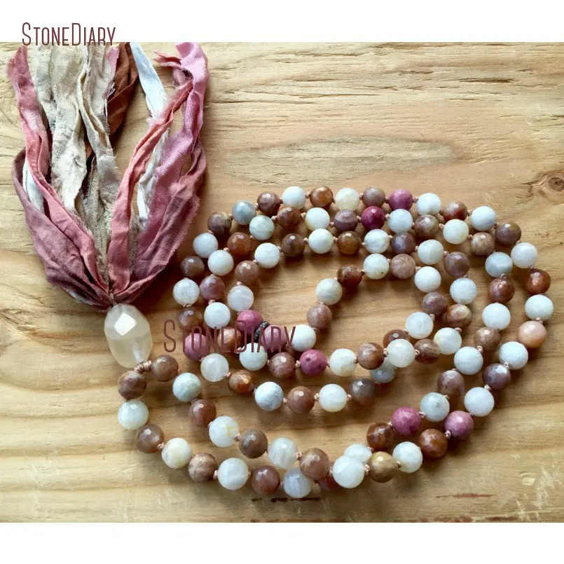 20180313-NM11083-10mm Faceted Moonstone Pave Diamond Sunstone Rhodonite 108 Mala Beads Goddess Yoga Jewelry Heart and Intuition Crown Chakra Silk Sari Tassel_1