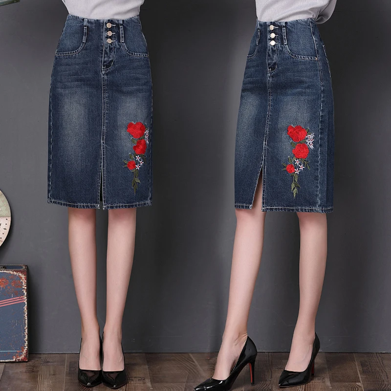 Женские джинсовые юбки с вышивкой размера плюс 4XL, осень-лето, короткая джинсовая юбка-карандаш, женская повседневная юбка