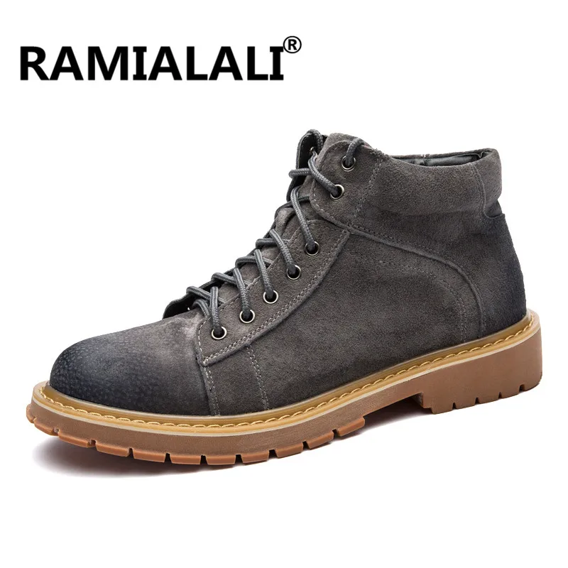 Moda Genuínos Preto cinza Homens Boots Couro Cowboy Ankle Botas marrom De Vestido Britânico Rendas Até Sapatos Inverno Ramialali Ocidental Casuais PdT1Hxqd
