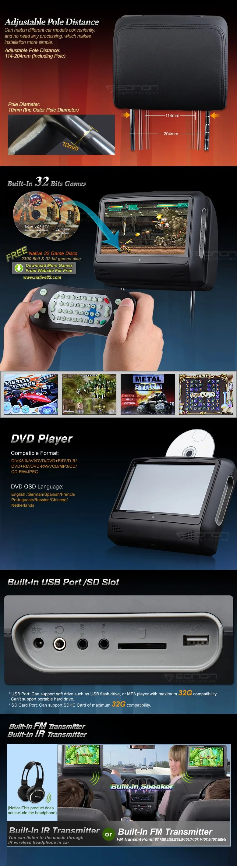 Discount Eonon Black 2x9" Digital Touch Screen Detachable car  Headrest DVD player Game USB/SD IR/FM transmitter car monitor 2 Discount Eonon Black 2x9" Digital Touch Screen Detachable car  Headrest DVD player Game USB/SD IR/FM transmitter car monitor 2