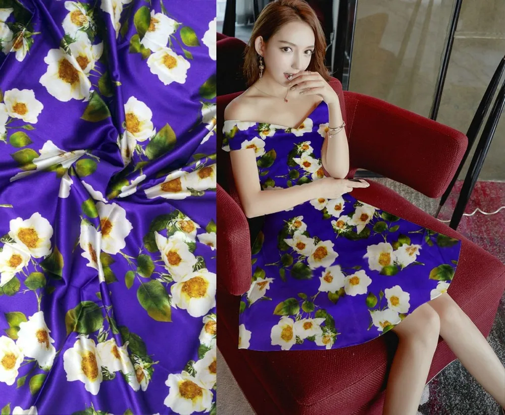 

Super High-end Computer Digital Heavy Stretchy Natural Silk Fabric quilt fabric Blue flowers Printed Woven tissu africain