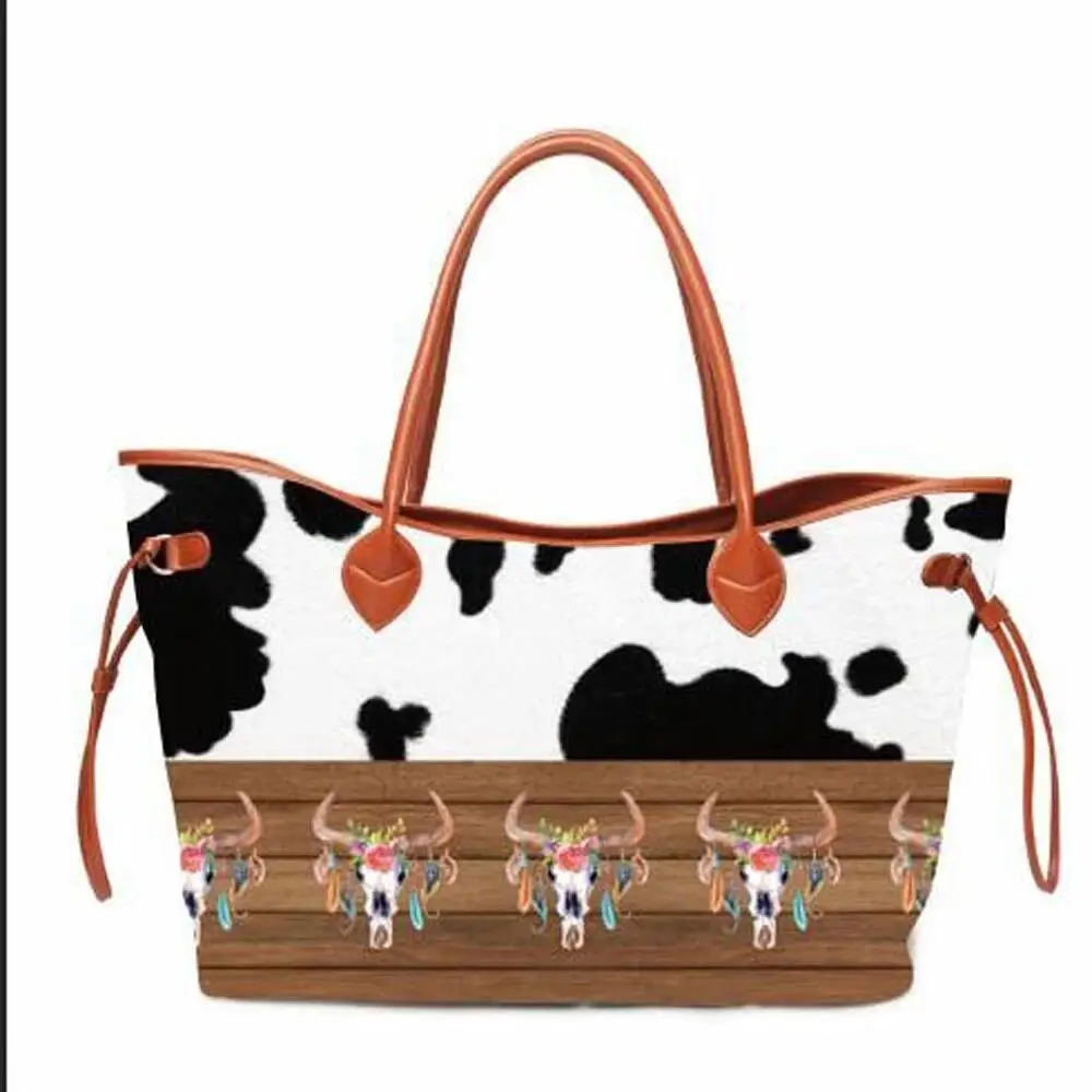 

Wholesale Cow Stripes Tote With Cord Trims, Animal Canvas Serape Bullskull Design Women Tote Lined with PU Handle Trims DOM1226