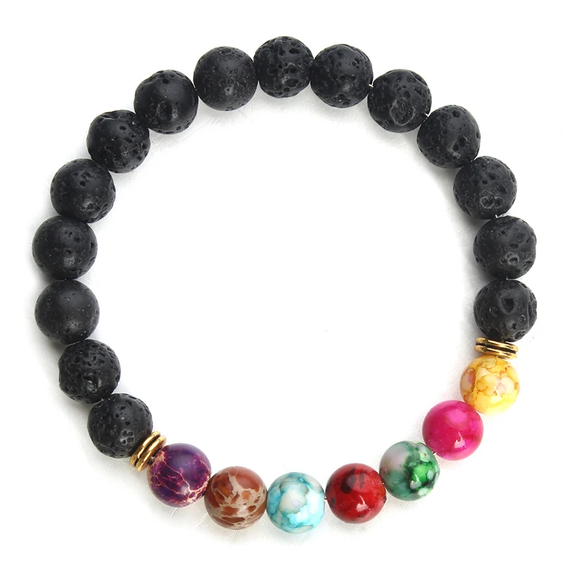 

Retro Natural Black Lava Stone Bracelets 7 Reiki Chakra Healing Balance Beads Bracelet for Men Women Stretch Yoga Jewelry