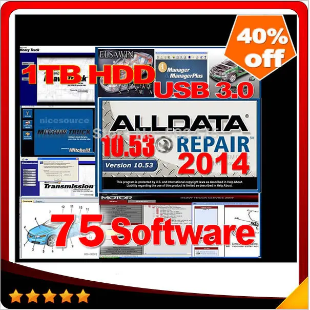 

HOT!!! 2015 new arrive Auto Repair Software Alldata 10.53+Mitchell 2014 + auto EPC 75 in1 with 1TB New Hard Disk
