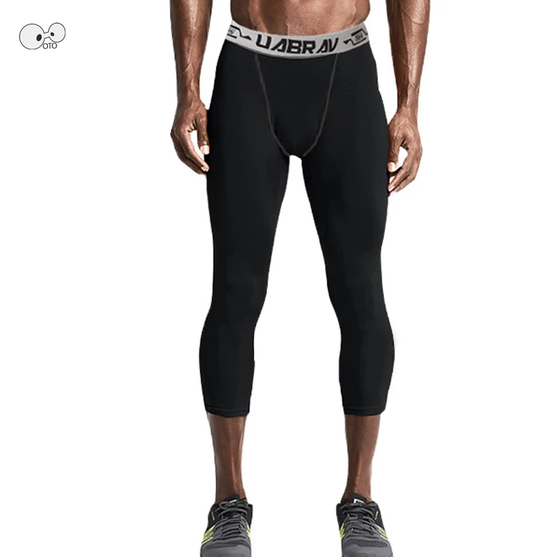 

2018 Black Mens Compression Pants Elasticity Running Tights 3/4 Skinny Capris Leggings Quick Dry Bodybuilding Fitness Trousers