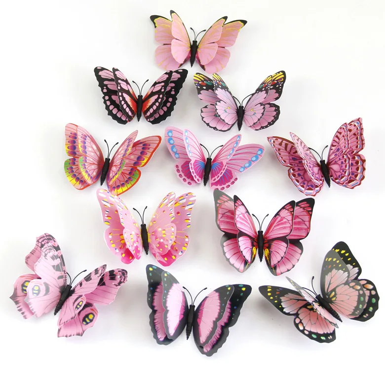 12 шт./компл. разноцветный двойной Слои 3D настенное украшение в виде бабочки Стикеры магнит ПВХ бабочки вечерние Детские Спальня холодильник украшения, 10 цветов в ассортименте