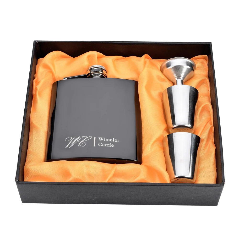 1 Set Personalized Engraved 6 oz Black Hip Flask Stainless Steel Wedding Birthday Valentine's Day Gift Favors FL02