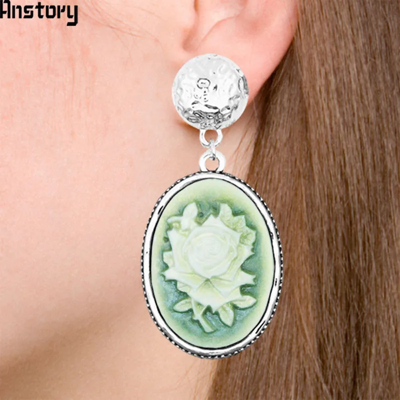 

Oval Rose Flower Cameo Earrings Stud Vintage Antique Silver Plated Fashion Jewelry