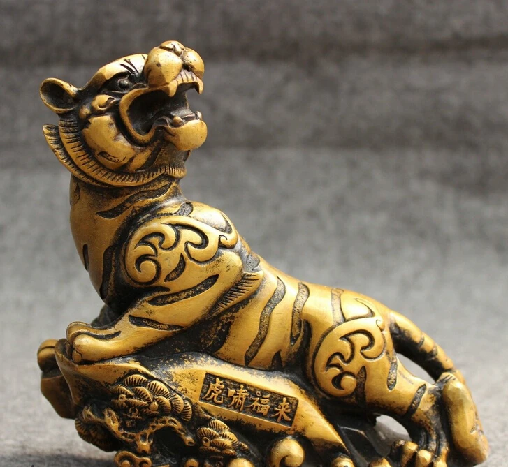 

Chinese Bronze Animals Zodiac FengShui Wealth Wild Tiger On Pine Tree Statue