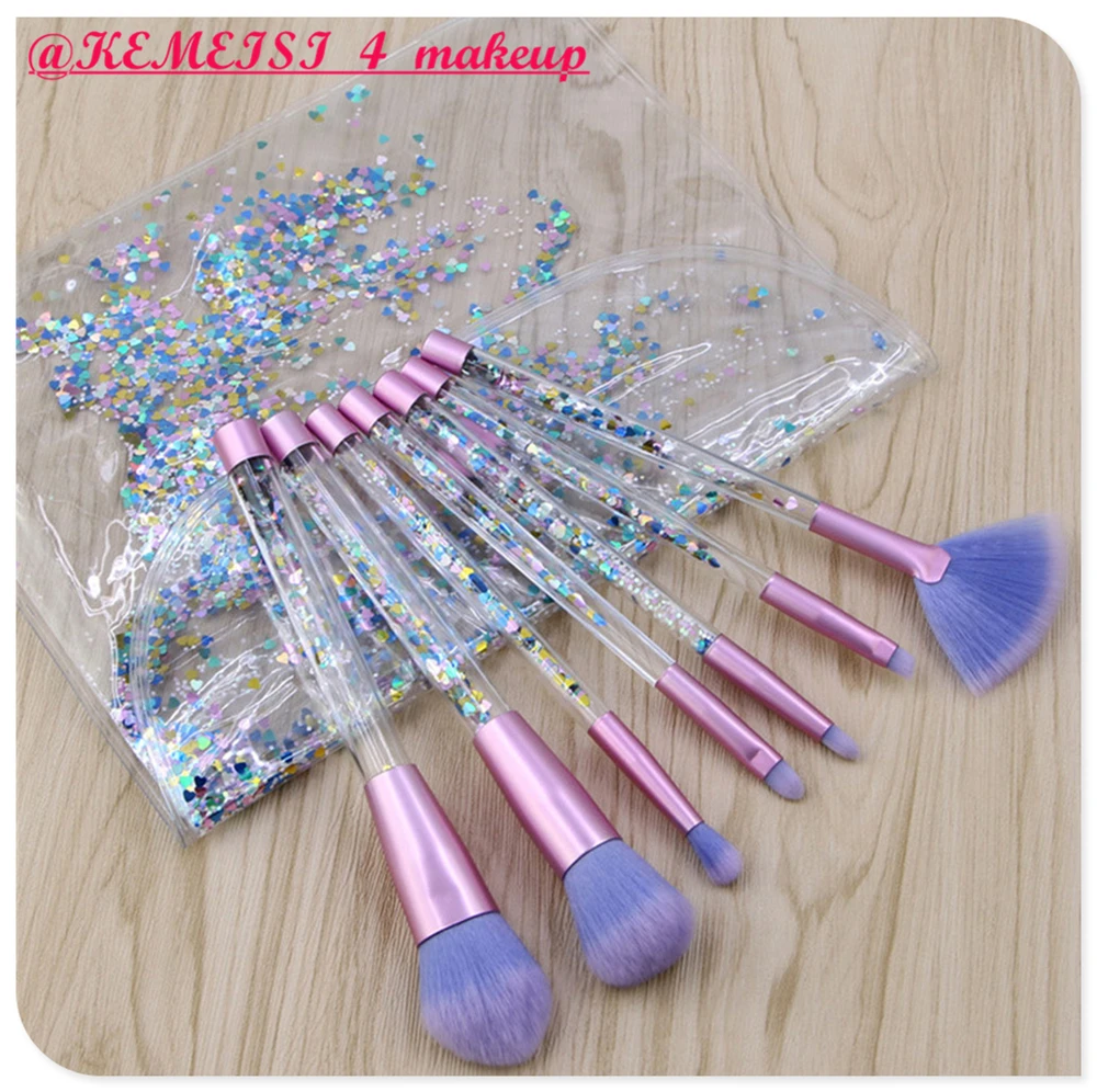 

KEMEISI 7pcs makeup brush set with paillette decoration in middle empty handle have PU pouch 2 colors