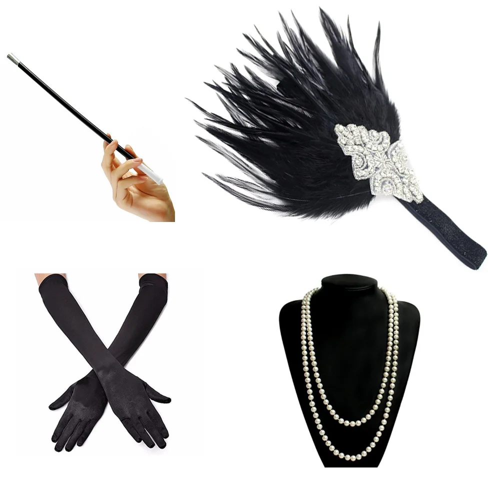 1920s большой Гэтсби праздничный костюм, набор аксессуаров, причудливый Хлопушка, повязка на голову с перьями, жемчужное ожерелье, перчатка, держатель для сигарет, 4 шт - Цвет: S210black