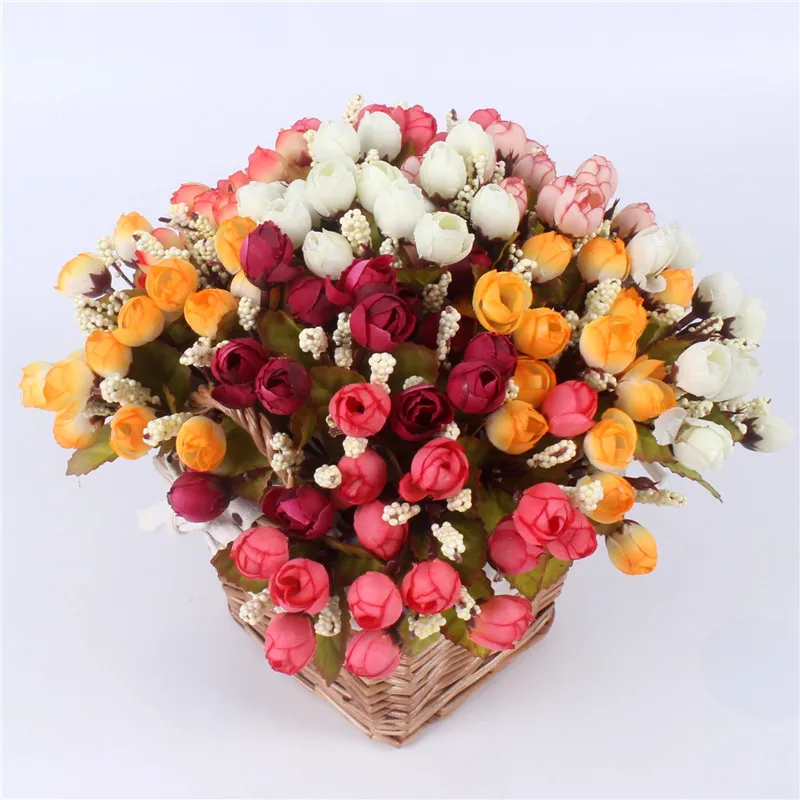 1 Набор искусственный маленький чайный цветок розы с ротангом Цветочная ваза в виде корзины для украшения дома реквизит для фотосессии Шелковый цветок в подарок - Цвет: Многоцветный