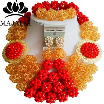 

Gold Champagne Nigerian wedding African beads jewelry set crystal necklace bracelet earrings Majalia A well-known brand 1034