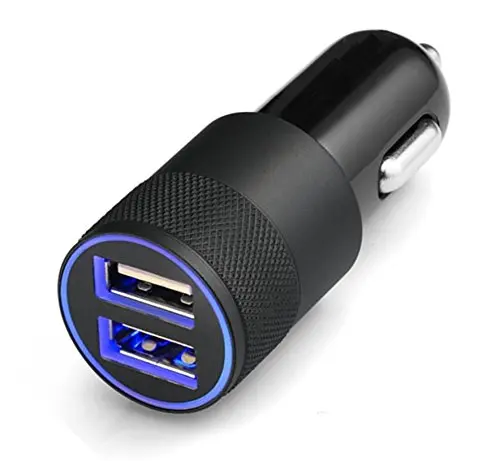 شاحن سيارة أعلى جودة نحى الألومنيوم مدفوع. مشرق الأزرق led ضوء 2 x usb ميناء 2.1a 1.0a + عالية السرعة تكنولوجيا الذكاء