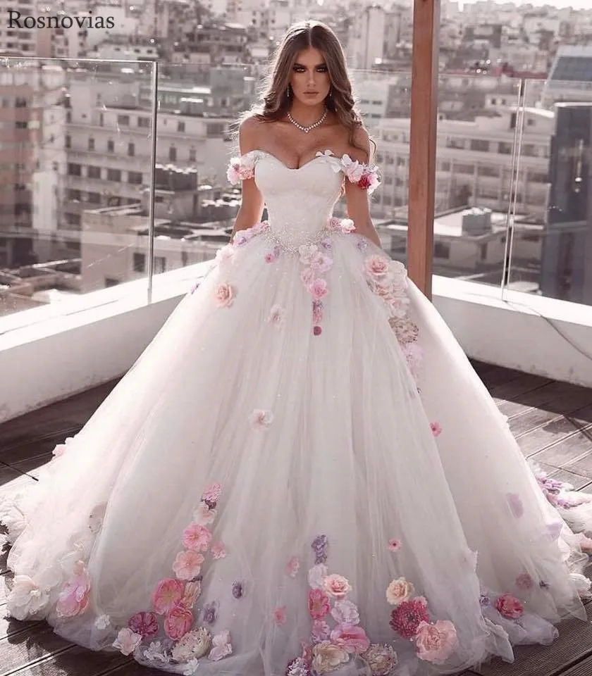 

Off Shoulder Ball Gown Wedding Dresses 2019 Sweetheart Sweep Train Hand Make Flowers Modest Garden Bridal Gowns Vestido de novia