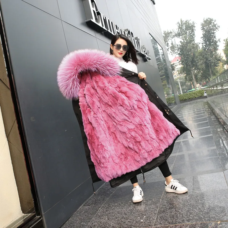 Новое поступление, хлопковые длинные женские зимние парки, розовая Меховая куртка с настоящей подкладкой, Черная куртка с капюшоном и длинным рукавом, пальто для женщин