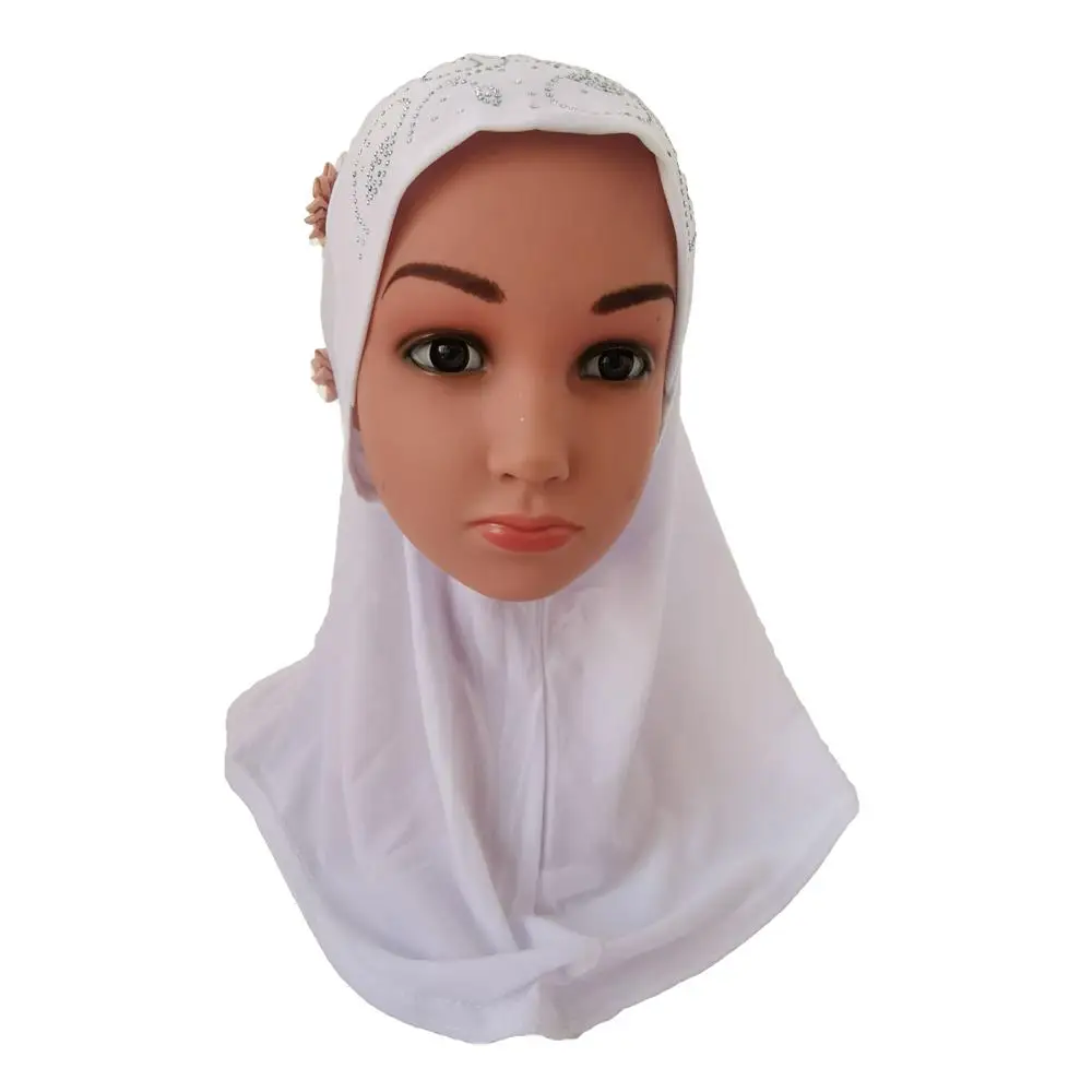 Muslim Kids Girls Long Scarf Islamic Shawls Children Flower Headwear Hijab Caps