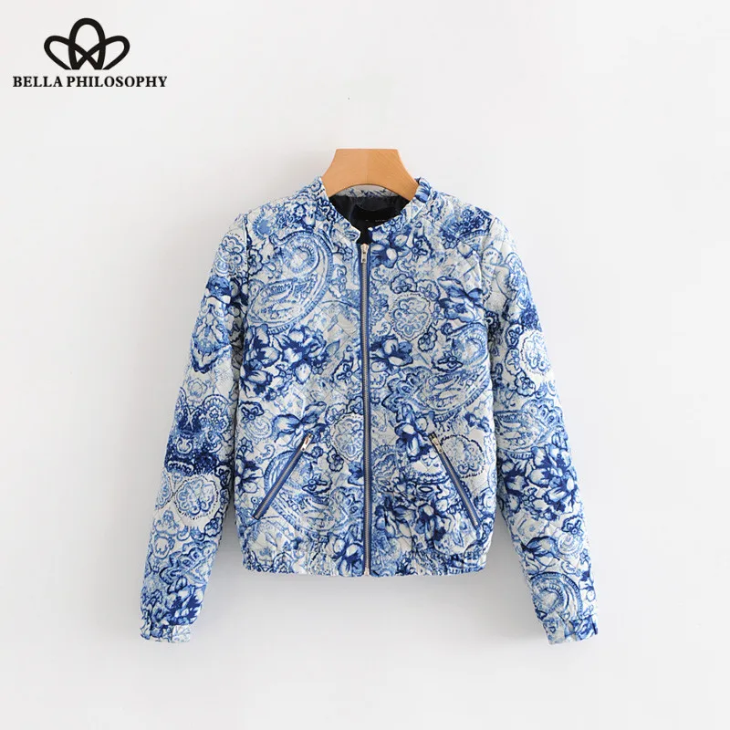 Wonder 2018 new autumn stand collar Blue and white porcelain printing cotton padded clothes jacket ladies casual outwear Coat