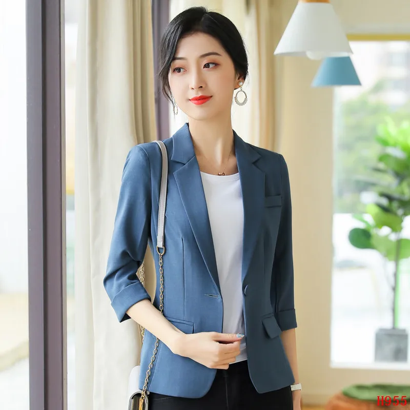 

Summer Ladies Blue Blazers Women Jackets Half Sleeve Ladies Work Wear Clothes Office Uniform Style