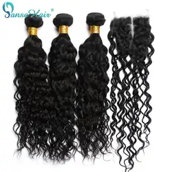 Panse волос бразильский человеческих волос волна воды 3 Связки с закрытием могут купить, не Реми натуральный черный волос 100% человеческих