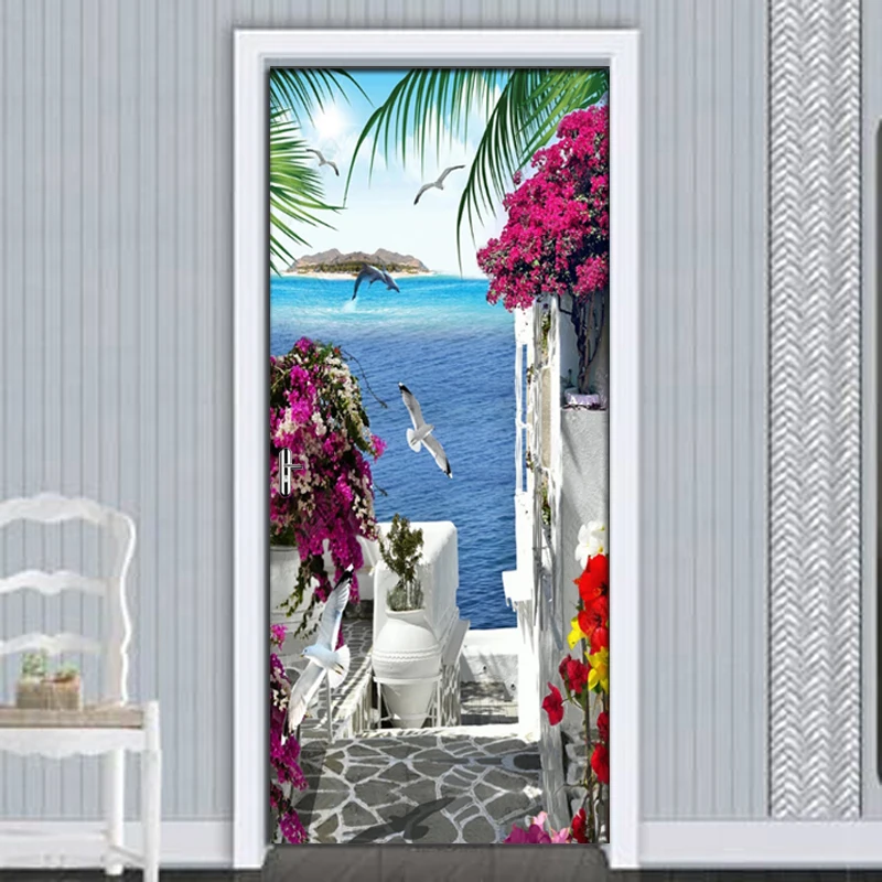 

77x200cm 3D Seaside town scenery Door Sticker For Living Room Bedroom DIY PVC Self Adhesive Wallpaper Waterproof Mural 3D Decal