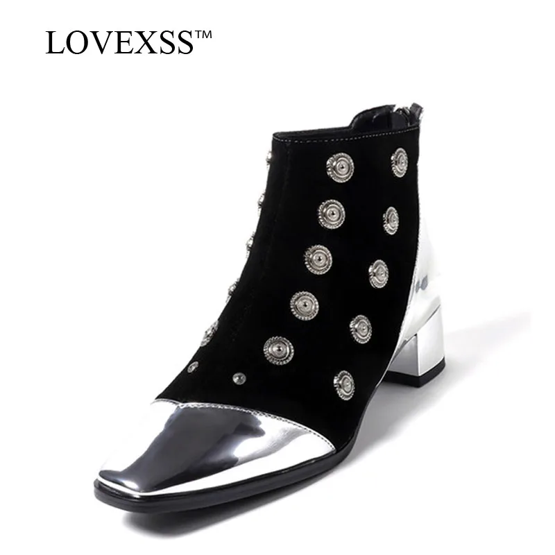 

LOVEXSS Woman Metal Decoration High Heeled Ankle Boots Autumn Winter Plus Size 33 - 43 Shoes Black Gray Genuine Leather Boots